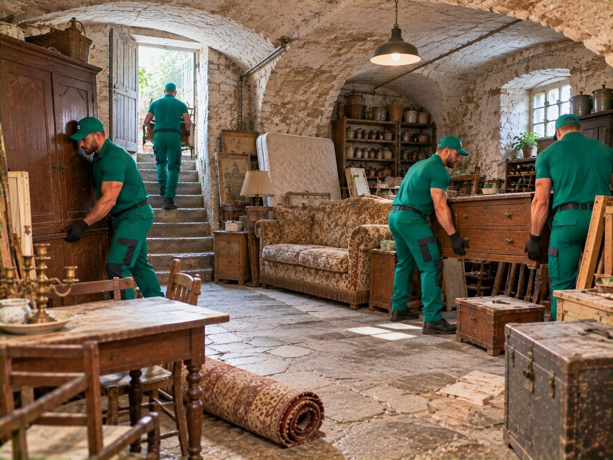 Drei Mitarbeiter in grüner Arbeitskleidung tragen eine alte Kommode aus einem Gewölbekeller mit Sofa und Stiege