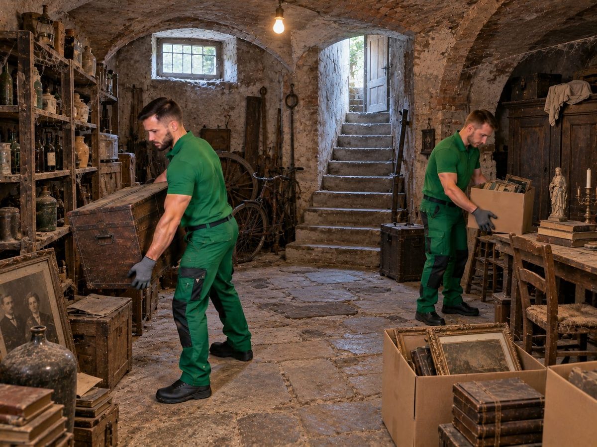 Zwei Mitarbeiter in grüner Arbeitskleidung tragen Truhe und Kisten aus einem Gewölbekeller mit Flaschen und Stiege