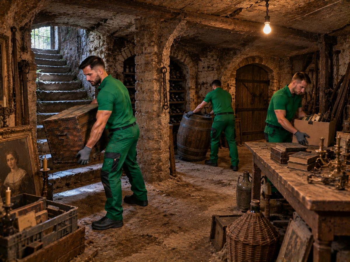 Drei Mitarbeiter in grüner Arbeitskleidung räumen einen Gewölbekeller mit Fass, Truhen und altem Werkzeug