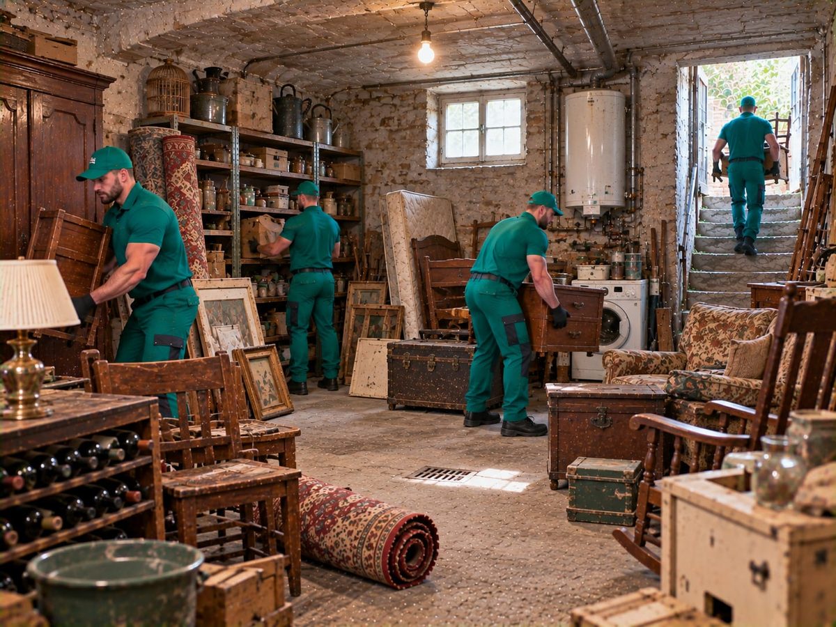 Drei Mitarbeiter in grüner Arbeitskleidung räumen einen Keller mit Waschmaschine, Truhen und Regalen