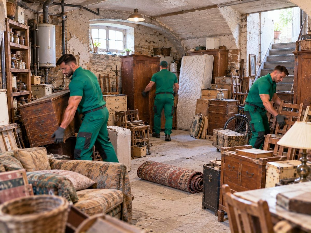 Drei Mitarbeiter in grüner Arbeitskleidung tragen Kommode und Kartons aus einem Keller voller Hausrat