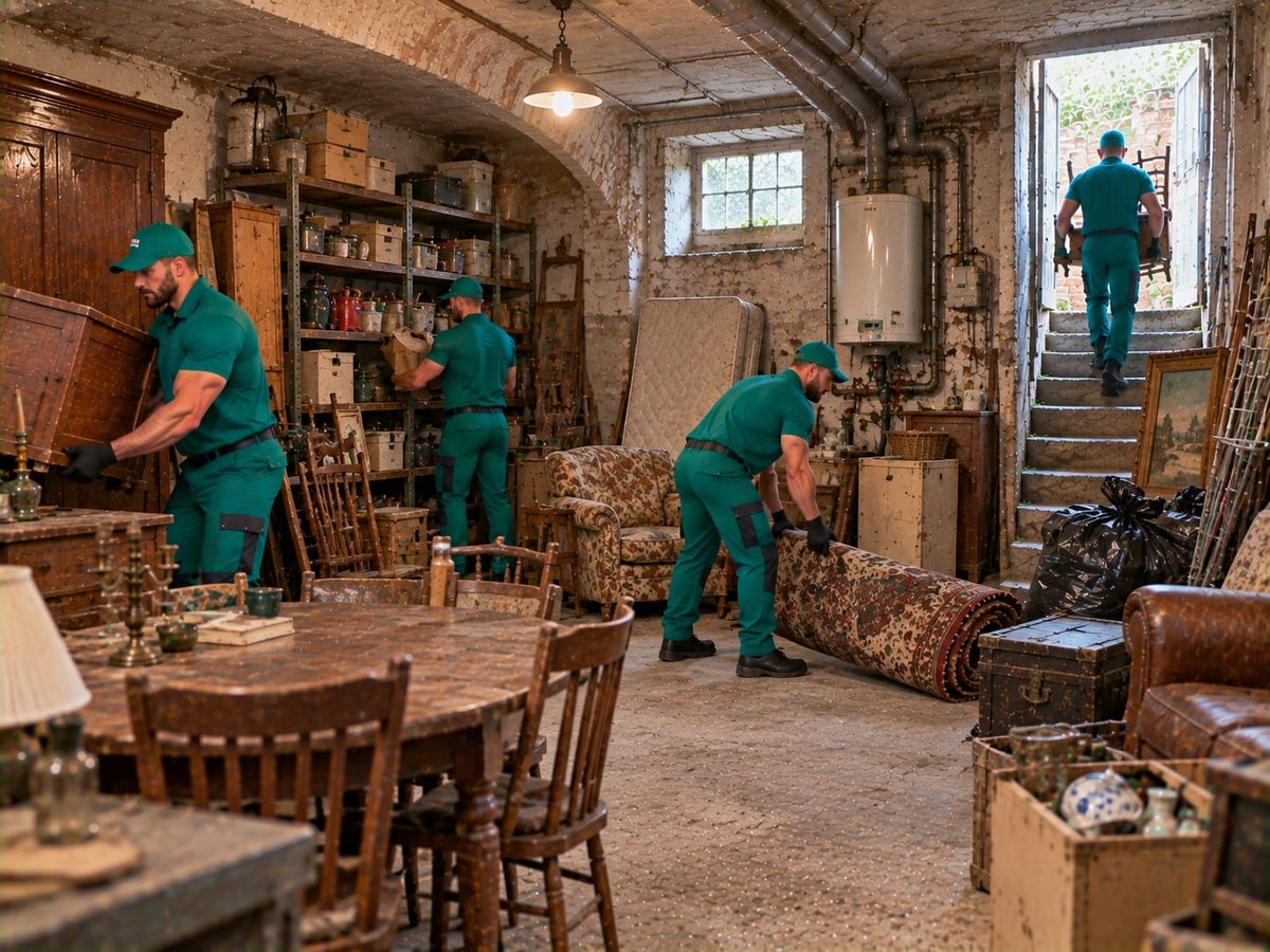 Drei Mitarbeiter in grüner Arbeitskleidung tragen Teppich und Möbel aus einem Keller die Stiege hinauf