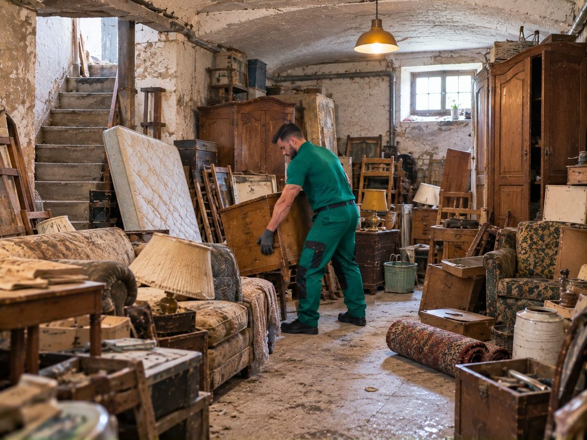 Mitarbeiter in grüner Arbeitskleidung trägt eine Lade durch einen Keller mit Kasten, Matratze und Stiege