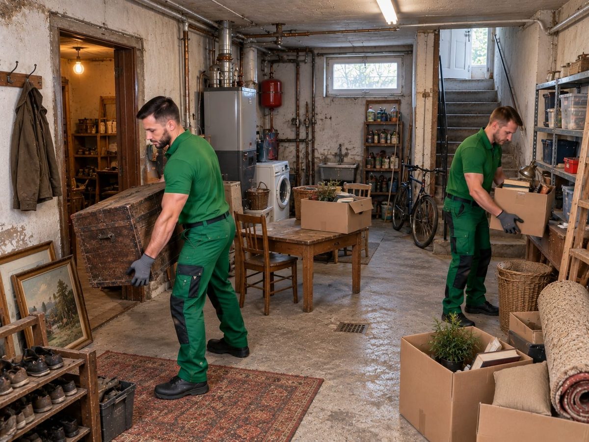 Zwei Mitarbeiter in grüner Arbeitskleidung tragen Truhe und Karton aus einem Keller mit Fahrrad und Heizkessel