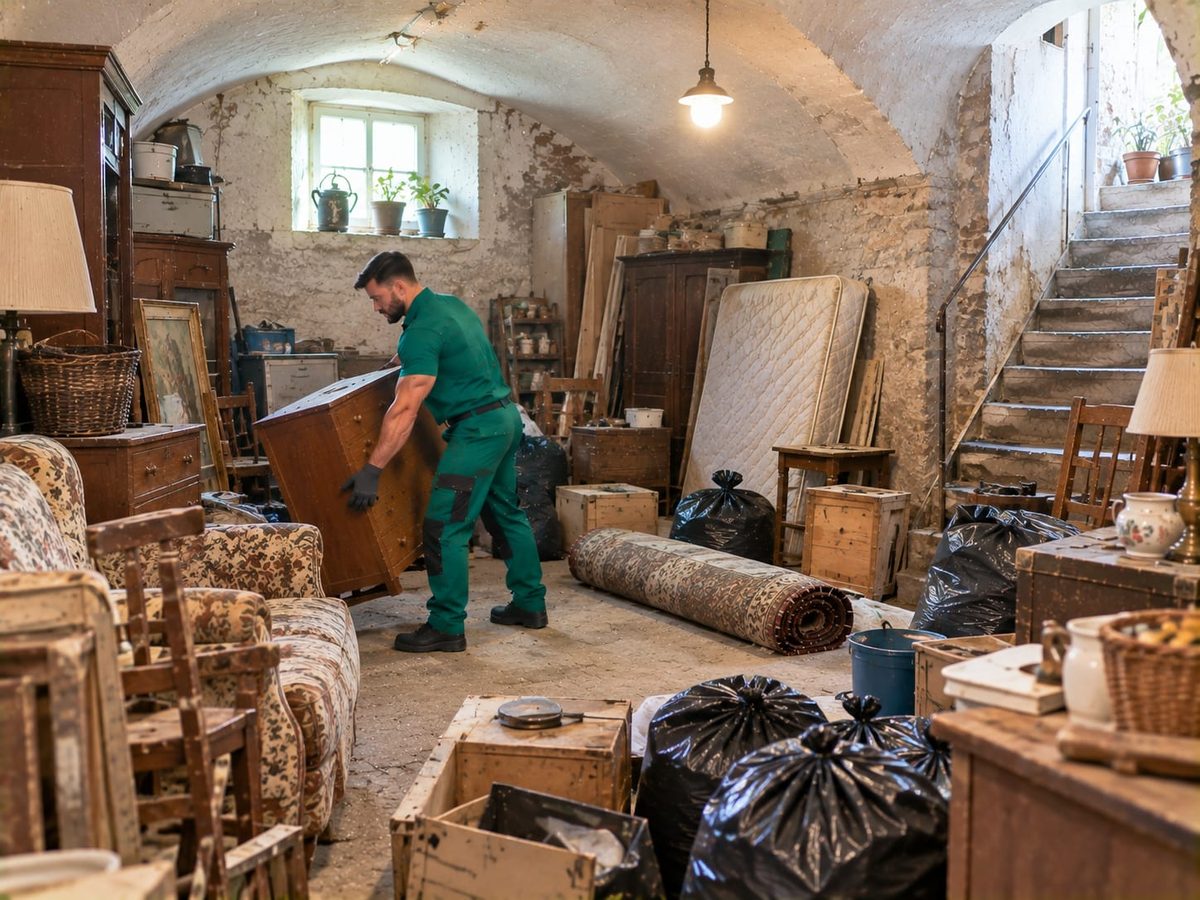 Mitarbeiter in grüner Arbeitskleidung trägt eine Kommode durch einen vollgestellten Keller mit Stiege im Hintergrund