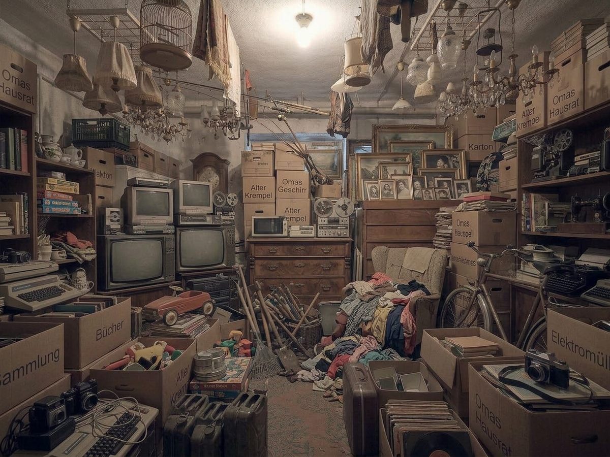 Kleiner vollgestellter Keller mit alten Fernsehern, Kronleuchtern, Kartons und Kleidung vor der Räumung