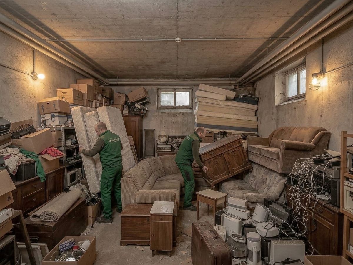 Zwei Mitarbeiter in grüner Arbeitskleidung tragen Matratze und schweren Kasten aus einem vollgestellten Keller