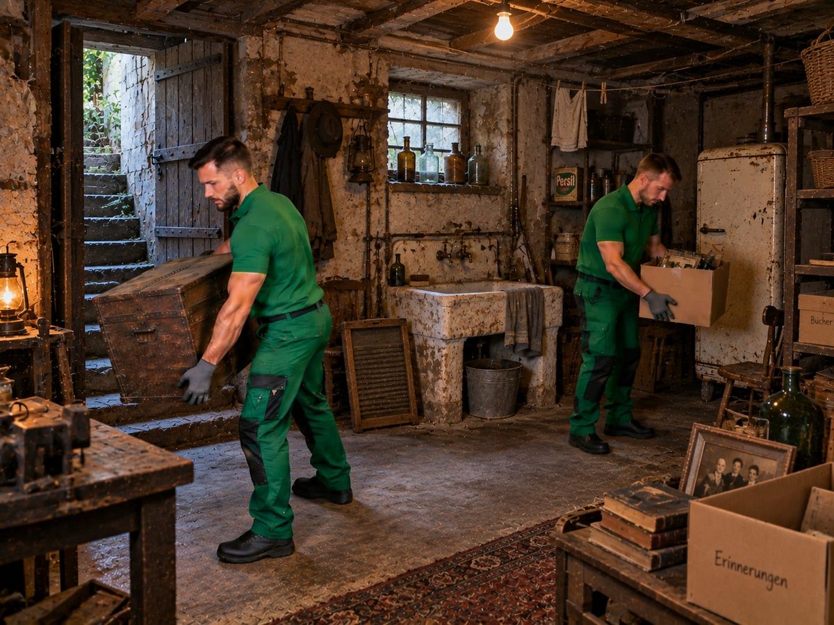 Zwei Mitarbeiter in grüner Arbeitskleidung tragen Truhe und Karton aus einem alten Keller mit Waschbecken und Flaschen