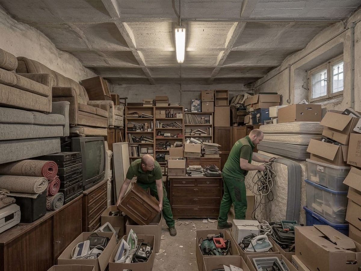 Zwei Mitarbeiter in grüner Arbeitskleidung räumen einen vollen Keller mit Matratzen, Werkzeug und Kartons