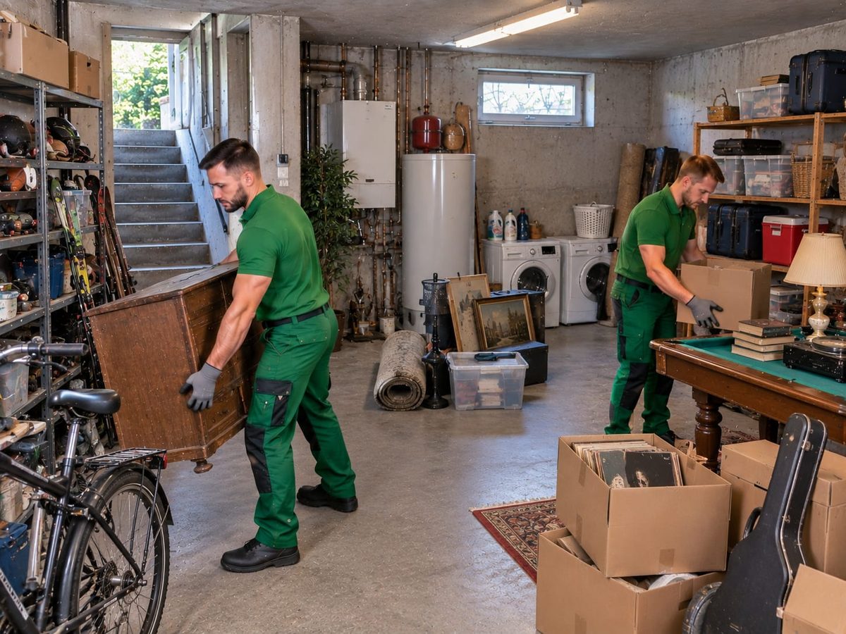 Zwei Mitarbeiter in grüner Arbeitskleidung tragen eine Kommode aus einem Keller mit Fahrrad und Billardtisch